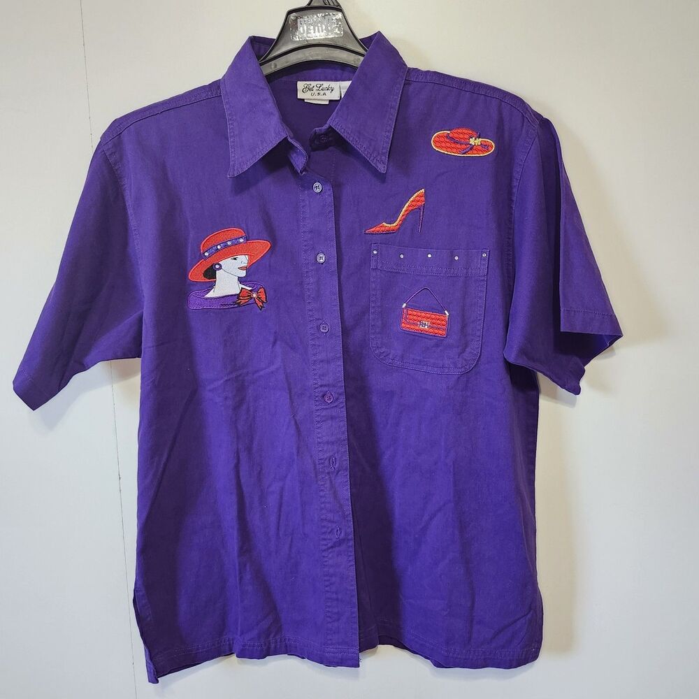 Get Lucky USA Red Hat Society Purple Shirt Capri Set L Embroidered Cotton VTG - Picture 2 of 16